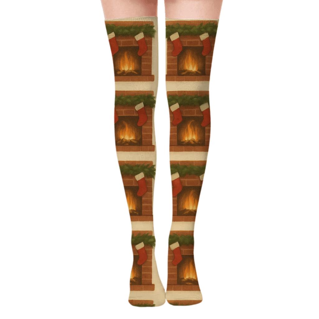 Holiday Fireplace Scene Repeat Christmas Design unique graphic over-the-knee socks