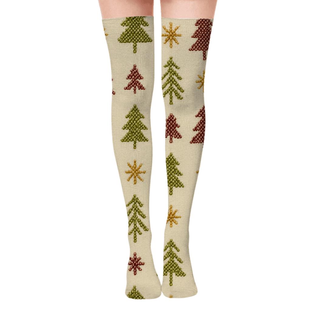 Stitched Folk Tree Xmas Motif comfortable cotton over-the-knee socks