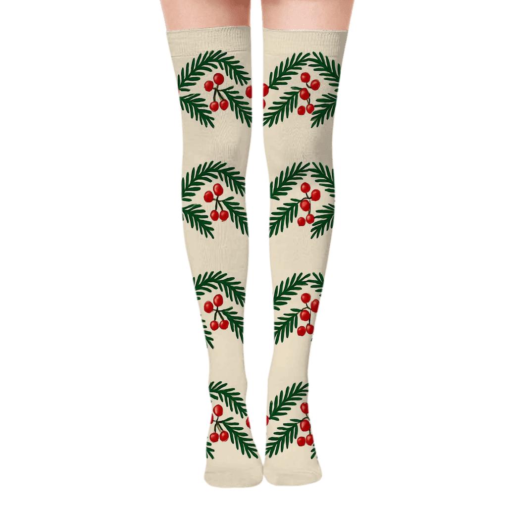 Merry Garland Border Holiday Design soft everyday over-the-knee socks