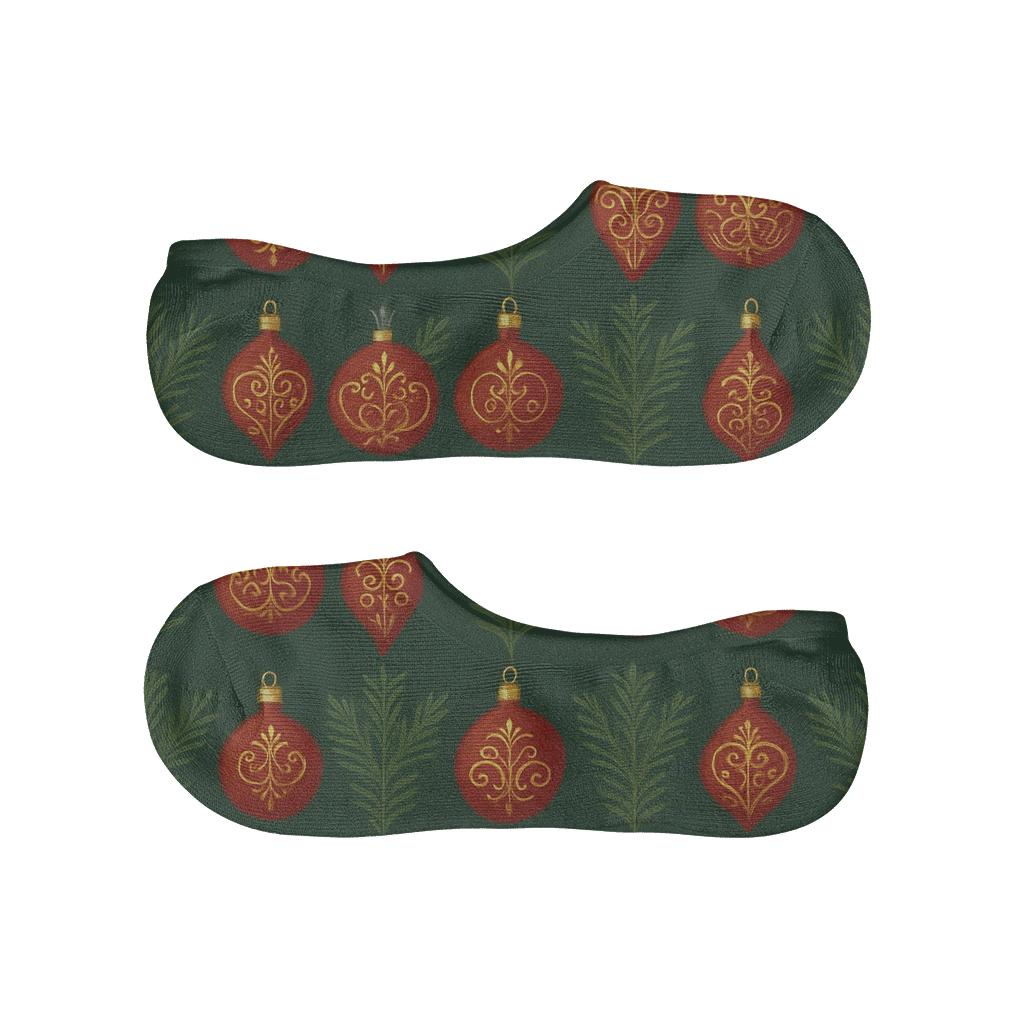 Evergreen Ornament Grid On Deep Green soft cotton no-show socks