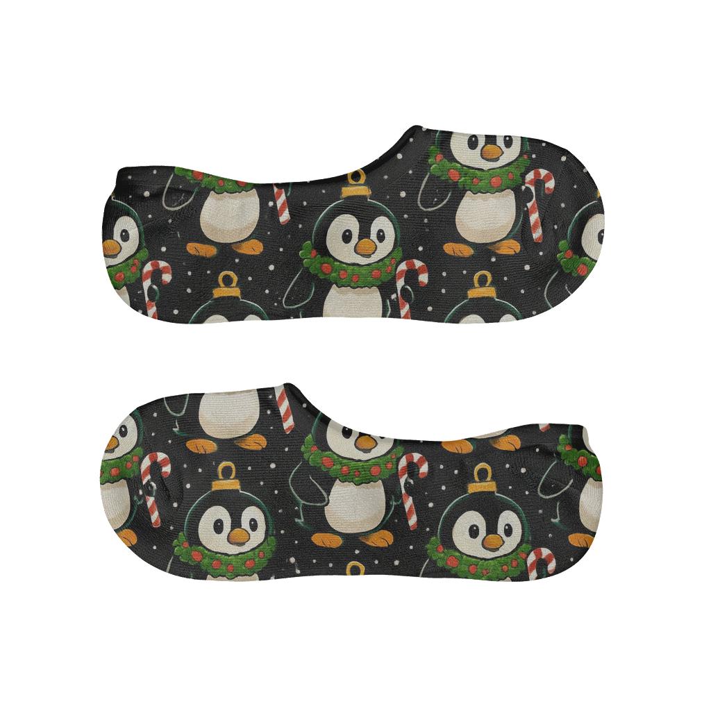 Penguin Ornament Grid On Black Background anti-slip no-show socks