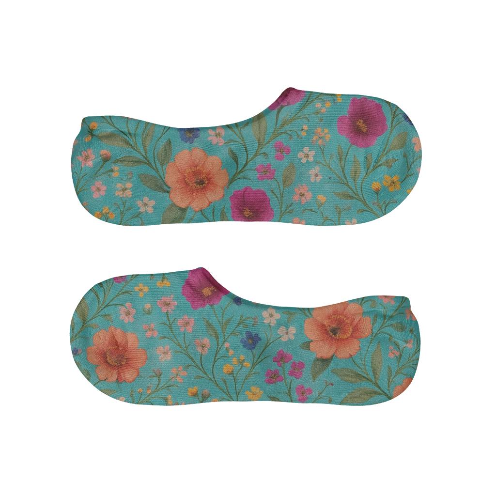 Mixed Wildflower Lattice On Turquoise Background designer printed no-show socks
