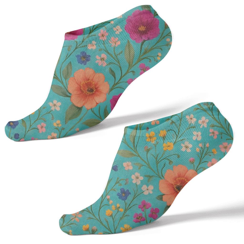 Mixed Wildflower Lattice On Turquoise Background soft everyday ankle socks