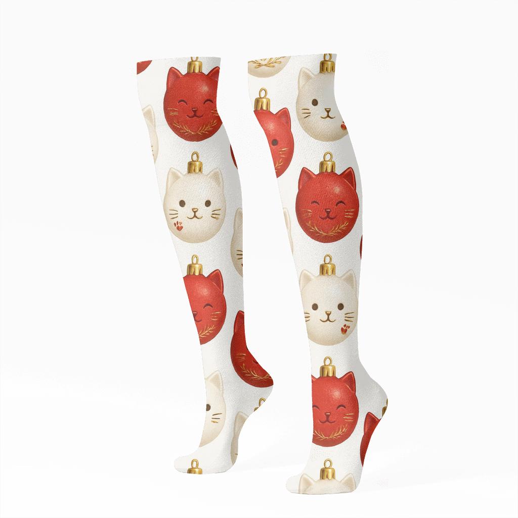 Festive Cat Bauble Grid personalized knee-high socks