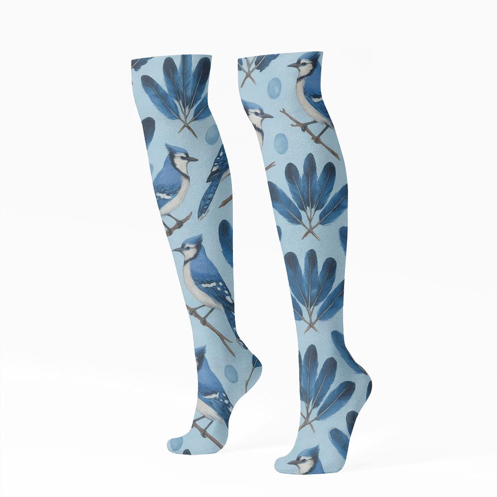 Blue Jay Feather Grid On Sky Blue Background stylish athletic knee-high socks