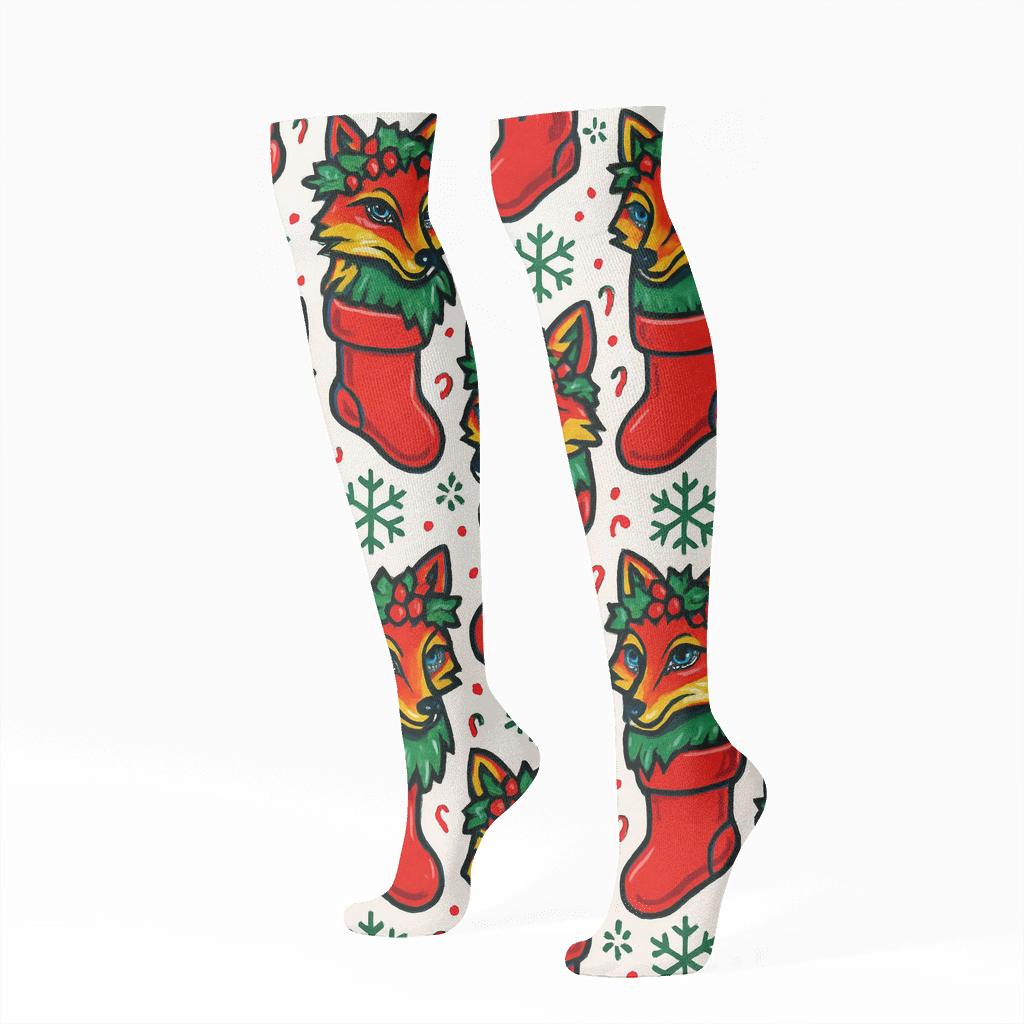 Red Stocking Fox Grid designer print knee-high socks