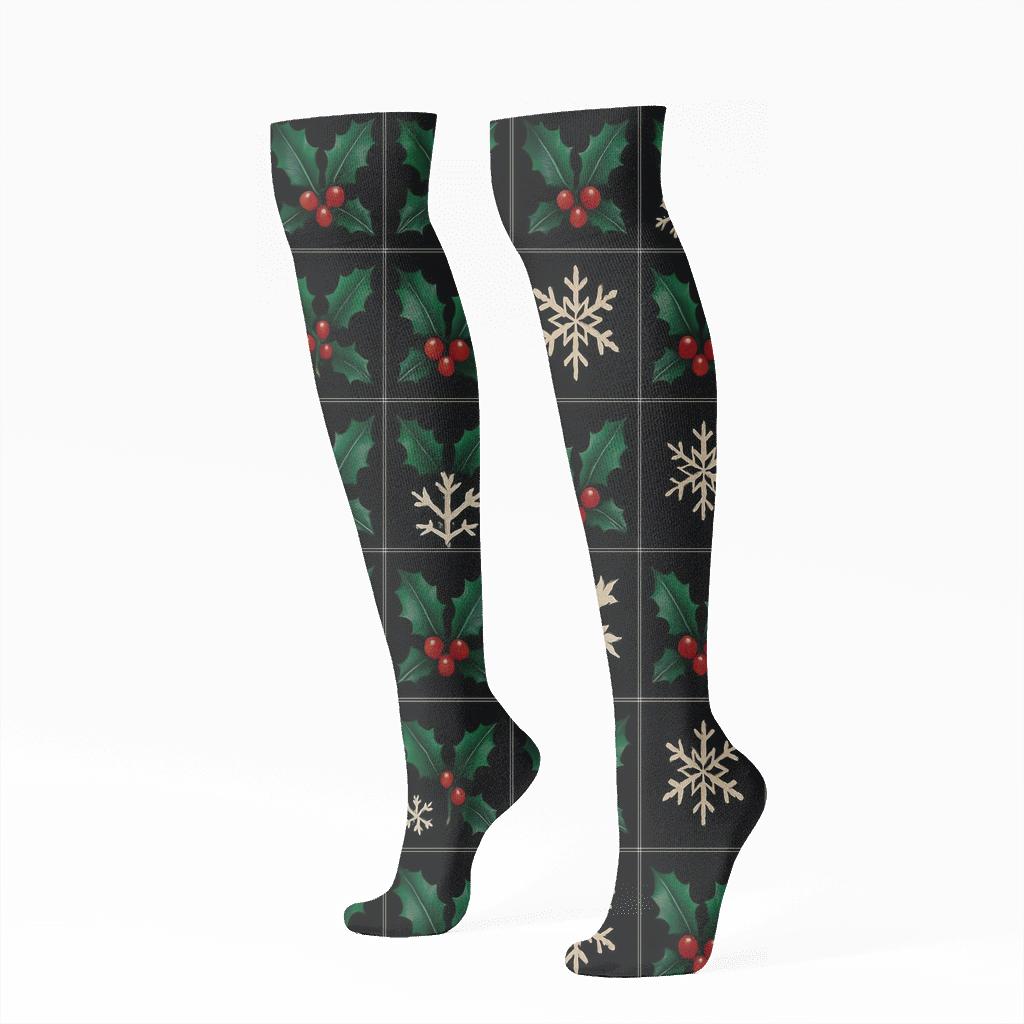 Holly Grid With Snowflake Negative Space On Black unique graphic knee-high socks