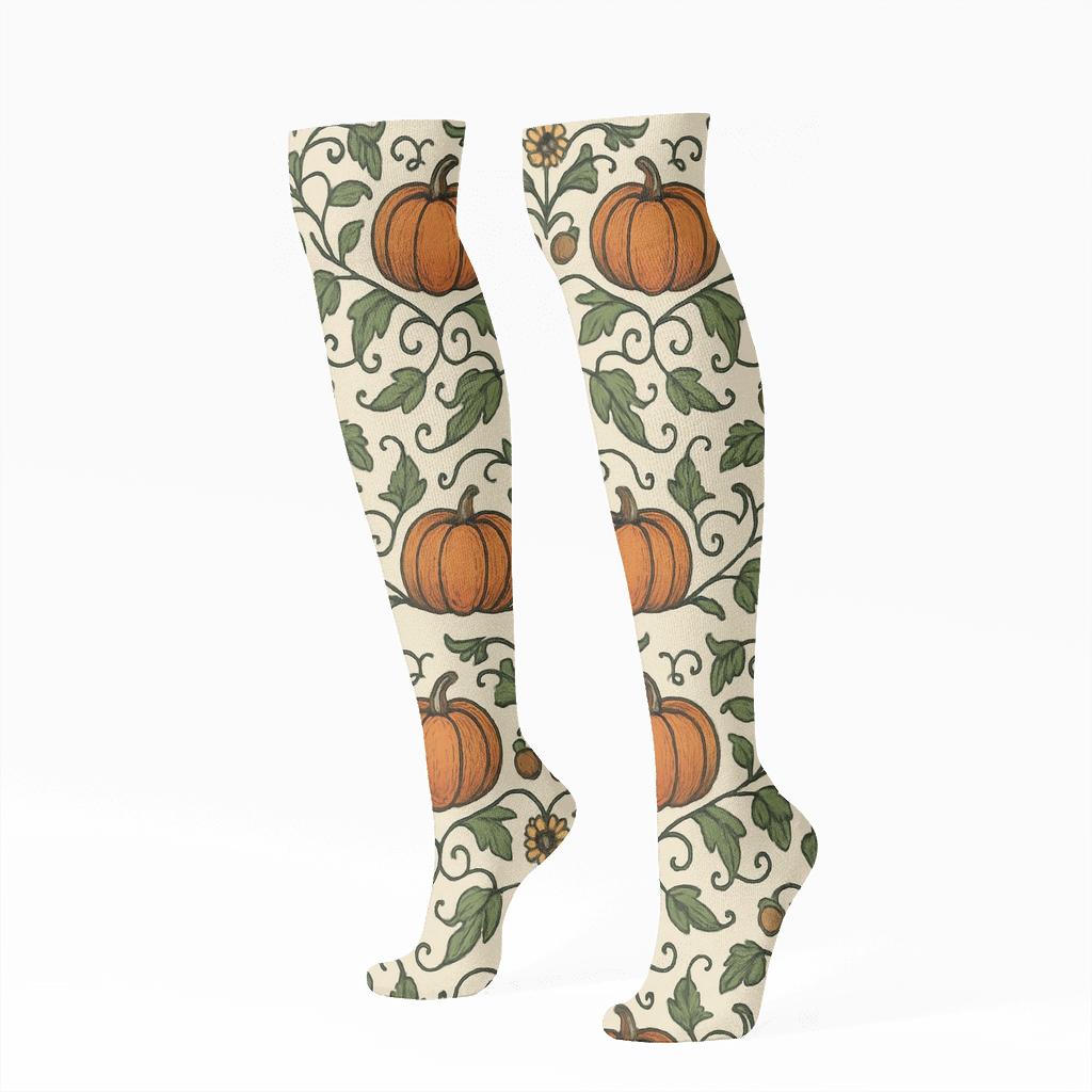 Pumpkin Patch Mirror On Creamy Beige Field trendy patterned knee-high socks
