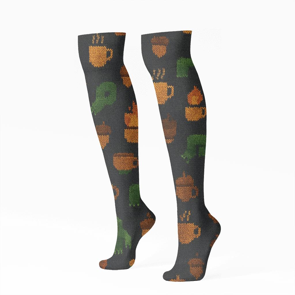 Cozy Cabin Campfire Scatter On Charcoal designer print knee-high socks