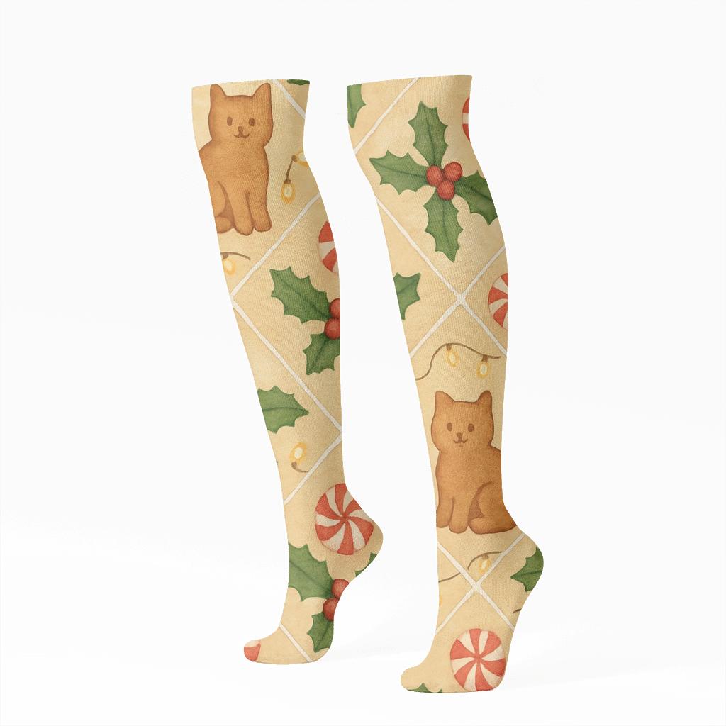 Gingerbread Cat Patchwork trendy patterned knee-high socks