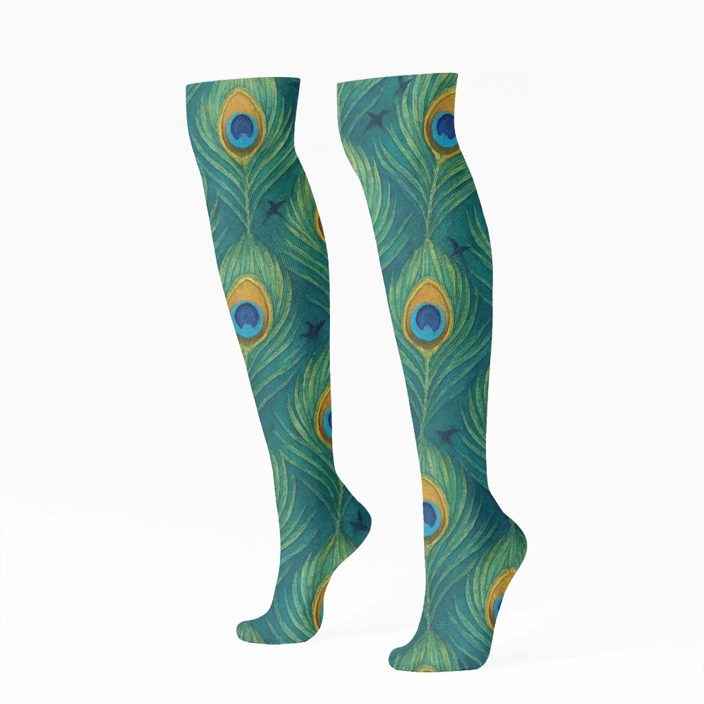 Peacock Tail Lattice On Deep Teal Background custom knee-high socks
