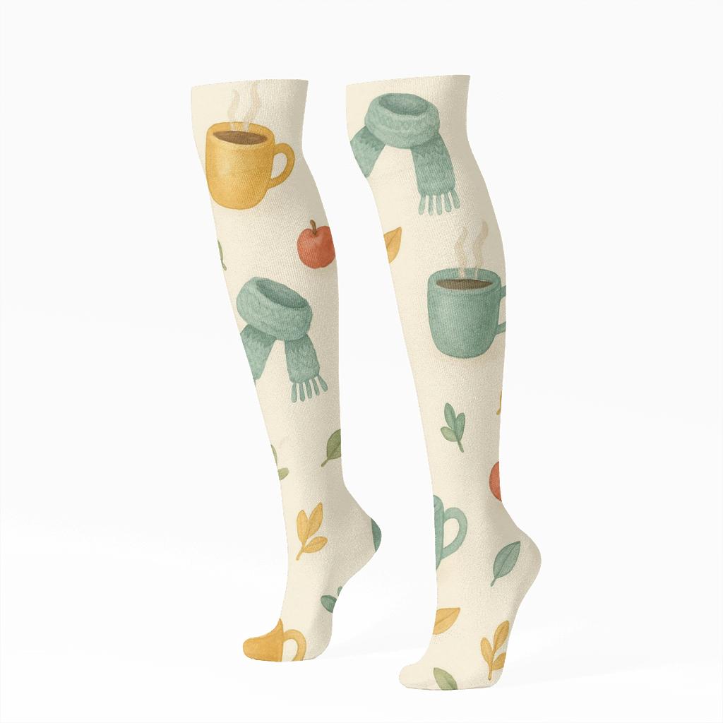 Whimsical Coffee Mugs Scatter On Creamy Beige soft everyday knee-high socks