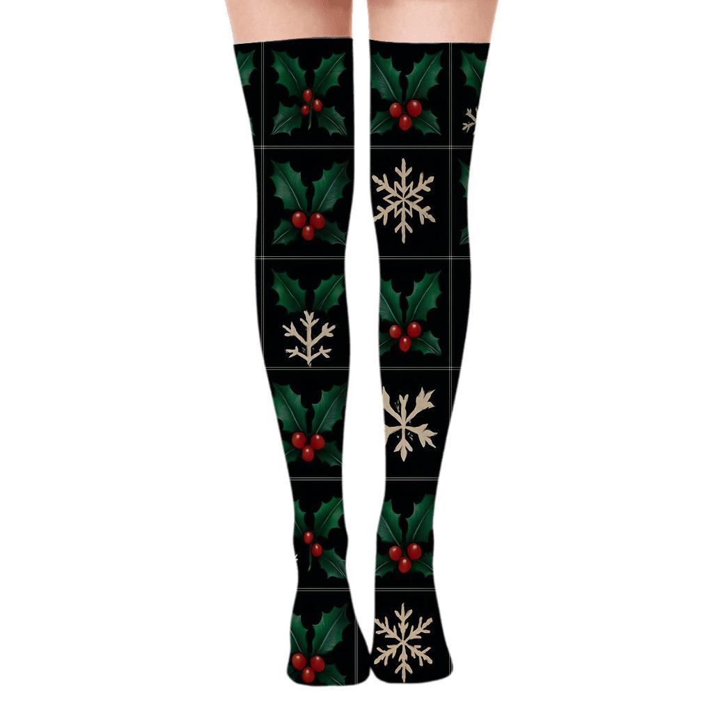 Holly Grid With Snowflake Negative Space On Black personalized over-the-knee socks