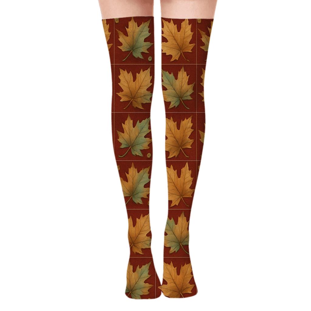 Golden Maple Grid On Deep Red Background custom over-the-knee socks