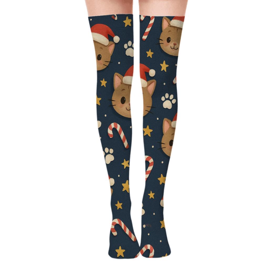 Santa Hat Cat Scatter On Navy soft everyday over-the-knee socks