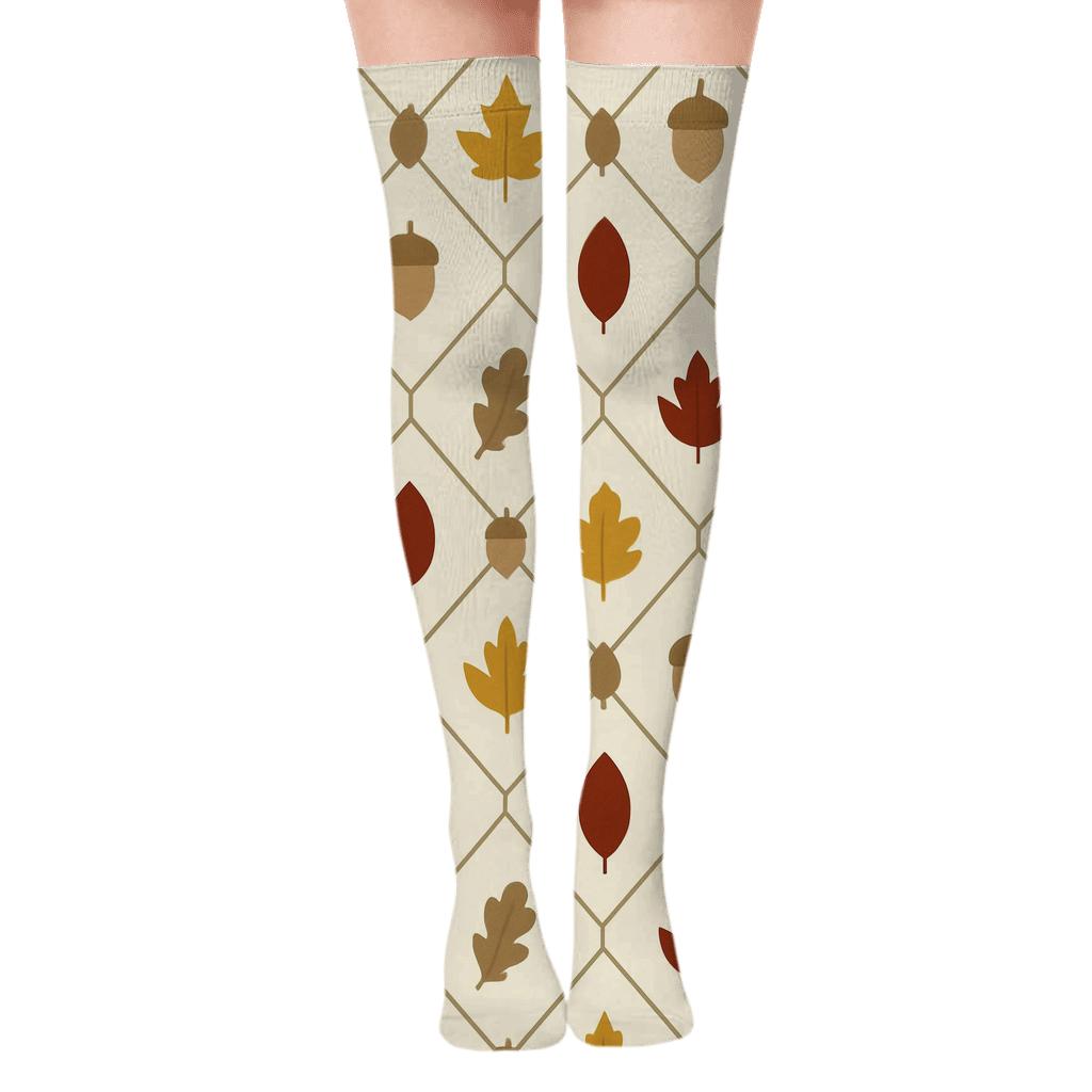 Acorn Lattice On Ivory Field comfortable cotton over-the-knee socks