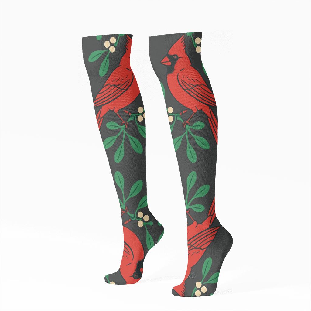 Crimson Cardinal Mirror Pair unique graphic knee-high socks