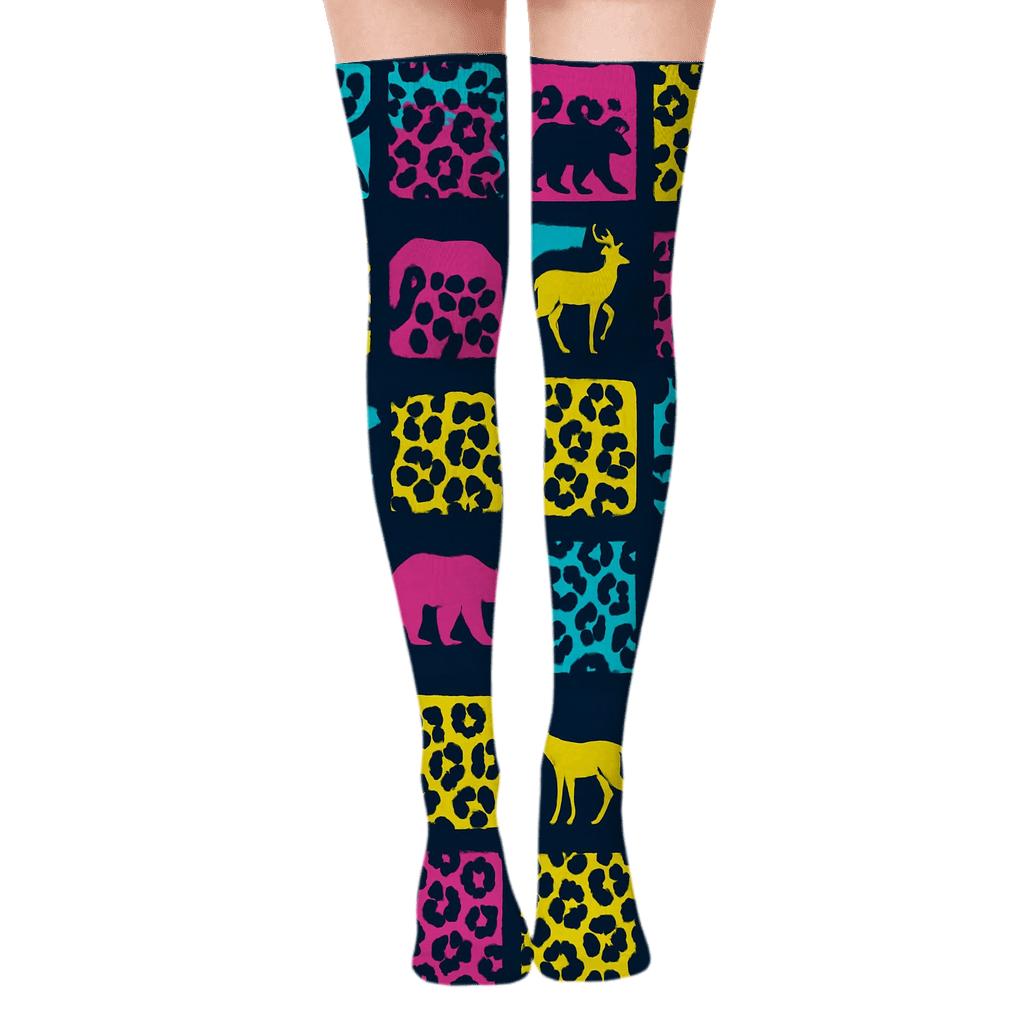Neon Safari Collage comfortable cotton over-the-knee socks