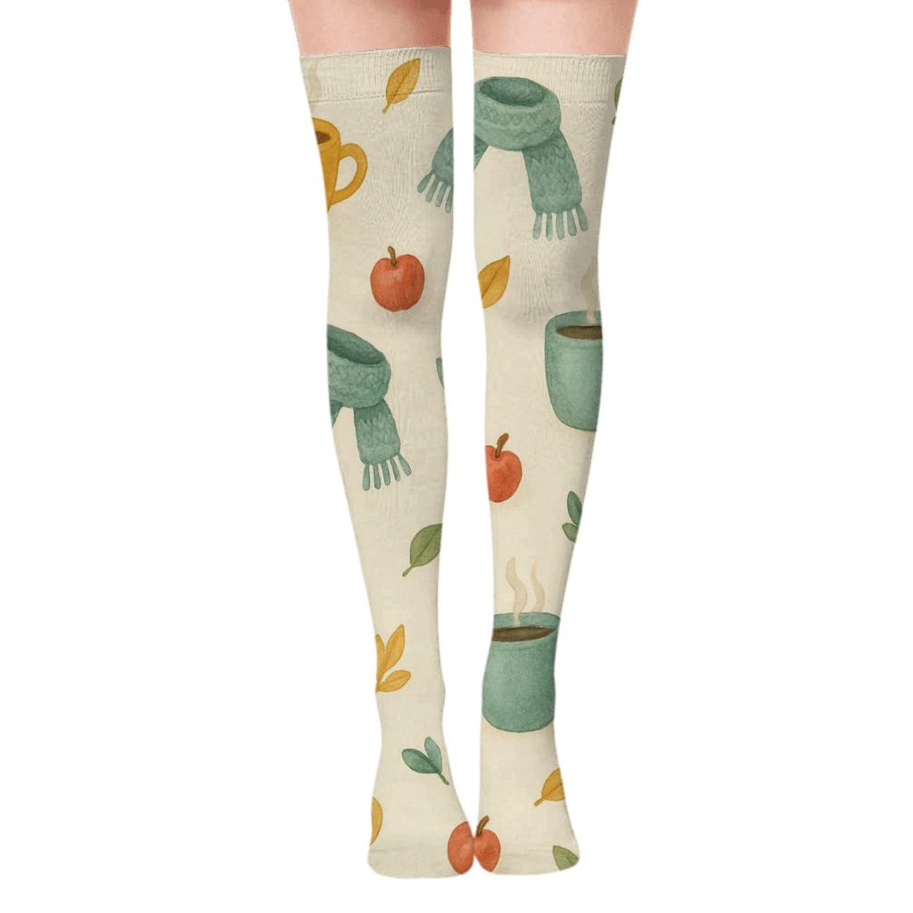 Whimsical Coffee Mugs Scatter On Creamy Beige unique graphic over-the-knee socks