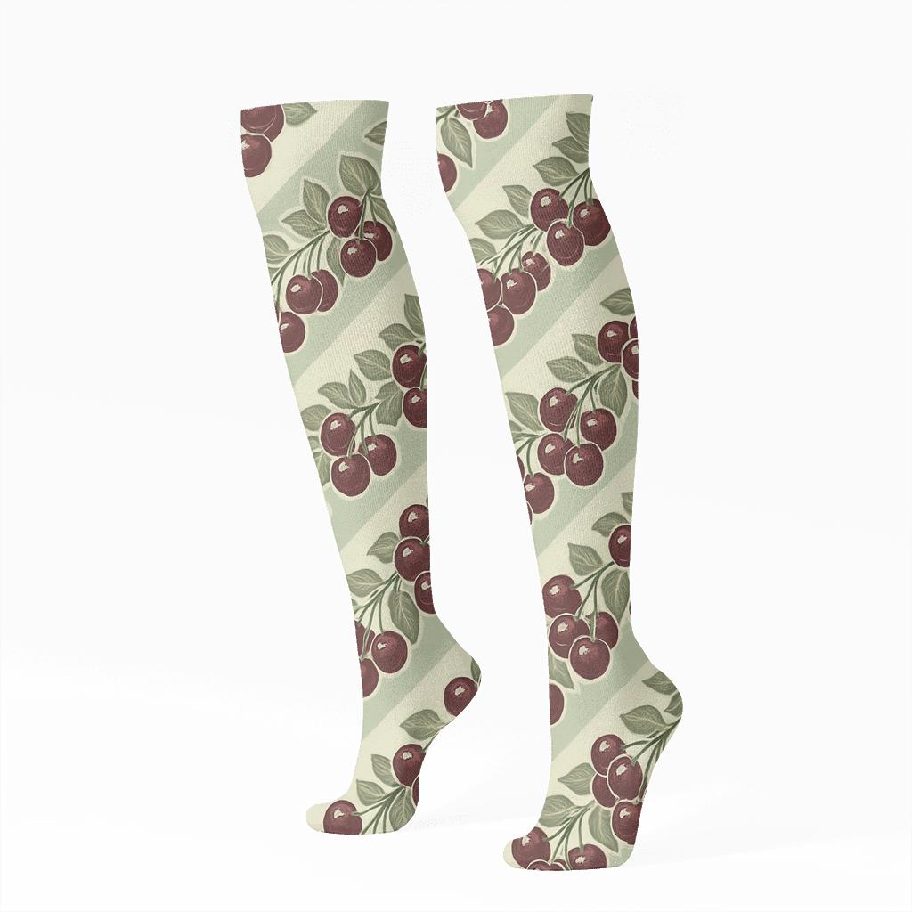 Diagonal Cherry Cluster Bands On Mint personalized knee-high socks