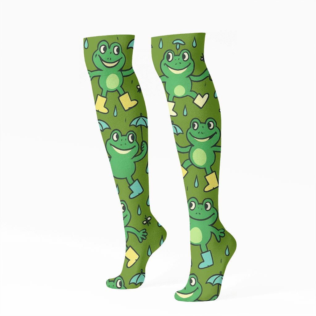 Frog Boots Parade Grid comfortable cotton knee-high socks