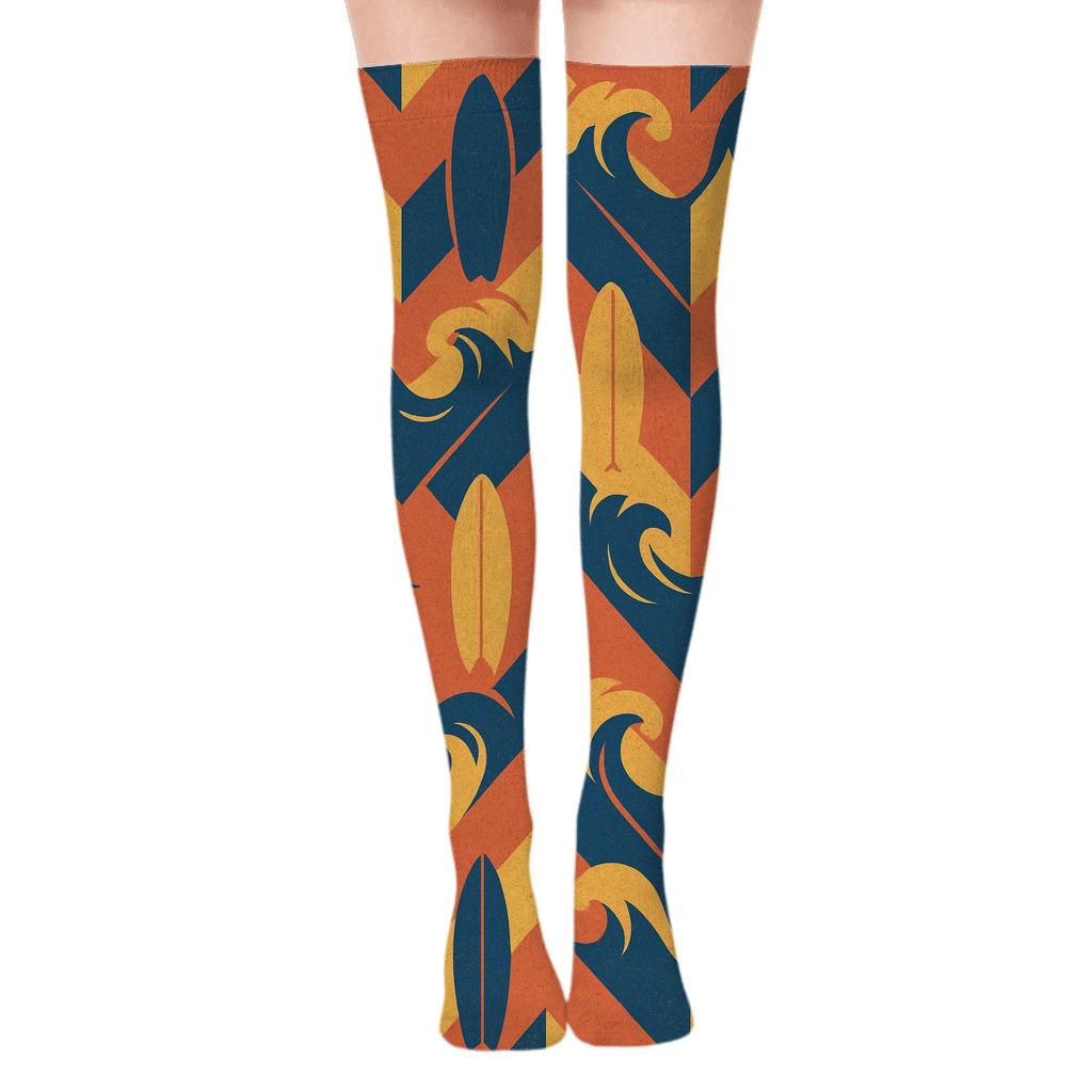 Surfboard Chevron Motion On Sunset trendy patterned over-the-knee socks