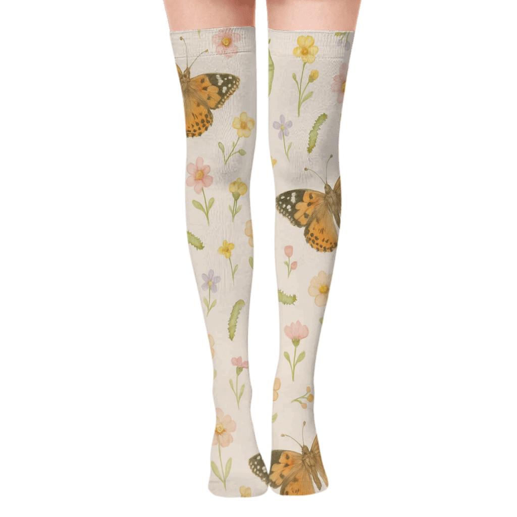 Pastel Painted Ladies Meadow Scatter premium cozy over-the-knee socks
