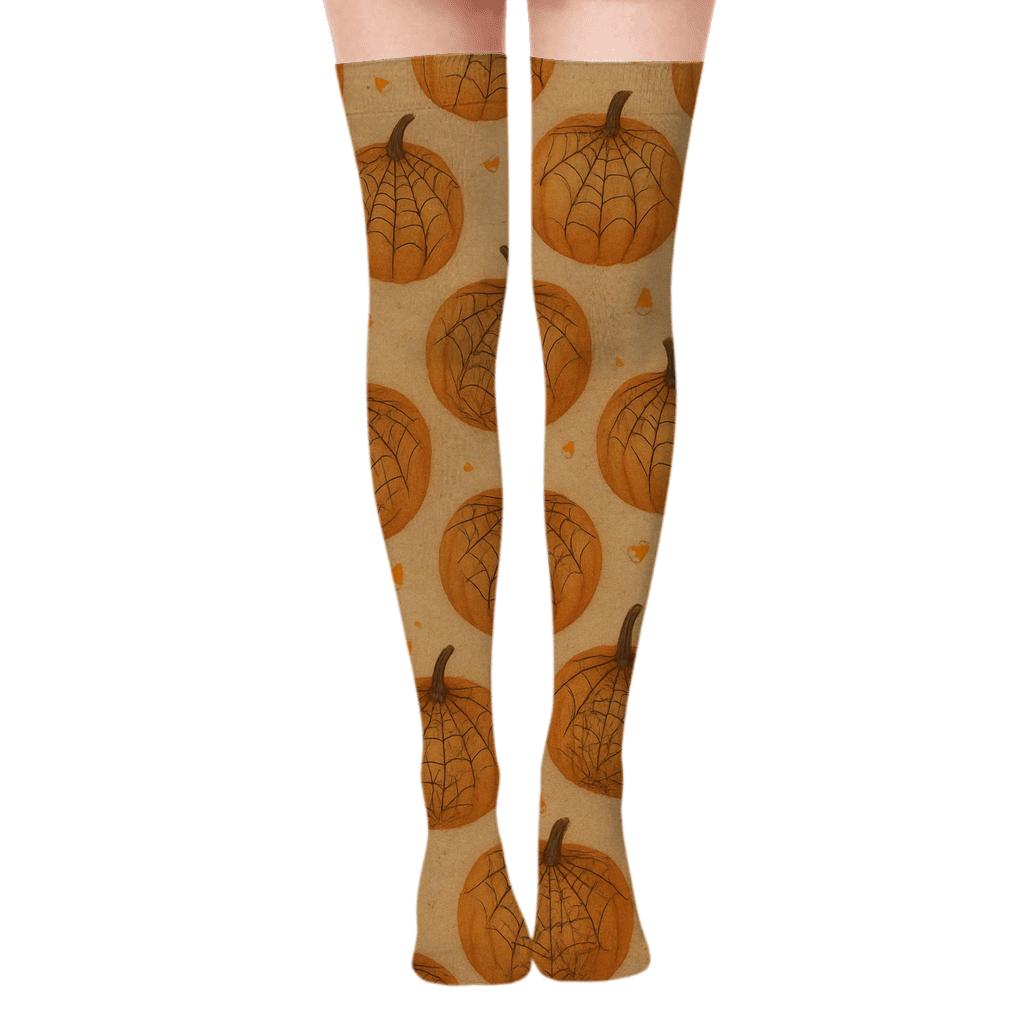 Spider Web Over Orange Pumpkin Scatter On Beige Background personalized over-the-knee socks