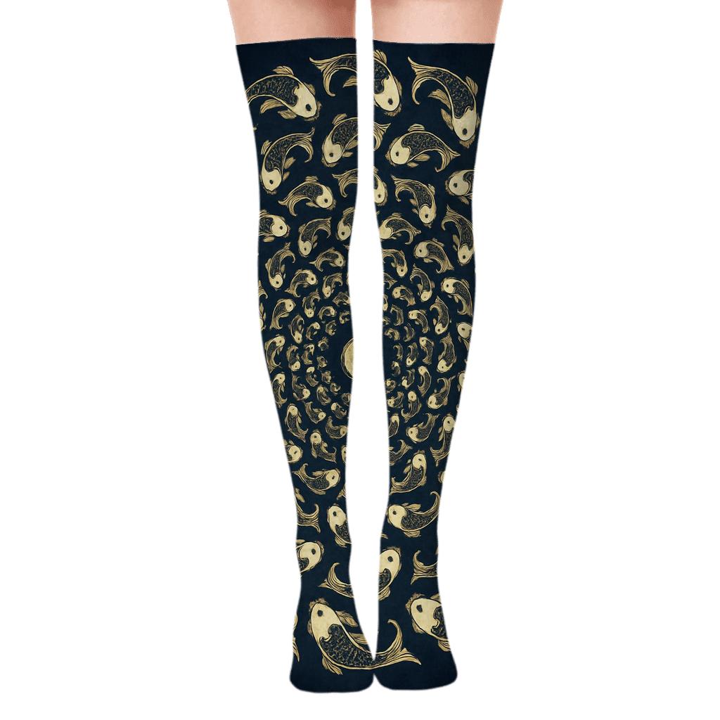Dual Koi Circle Progression On Navy Blue comfortable cotton over-the-knee socks