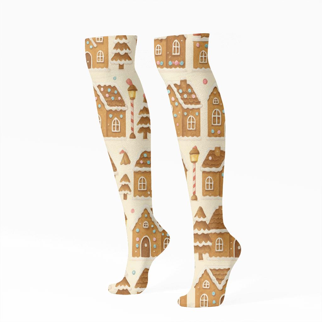 Gingerbread House Village Holiday Pattern premium sports knee-high socks