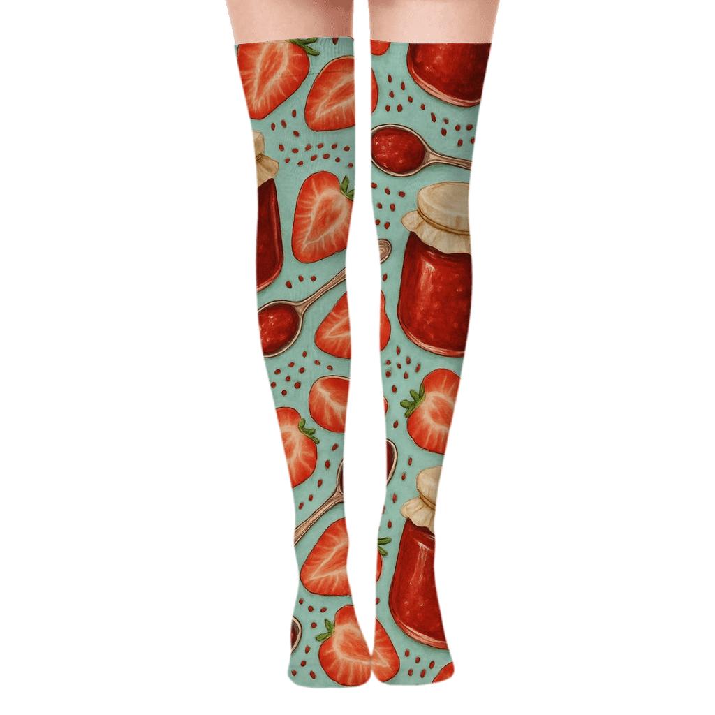 Jam Jar Collage Wave On Mint unique graphic over-the-knee socks
