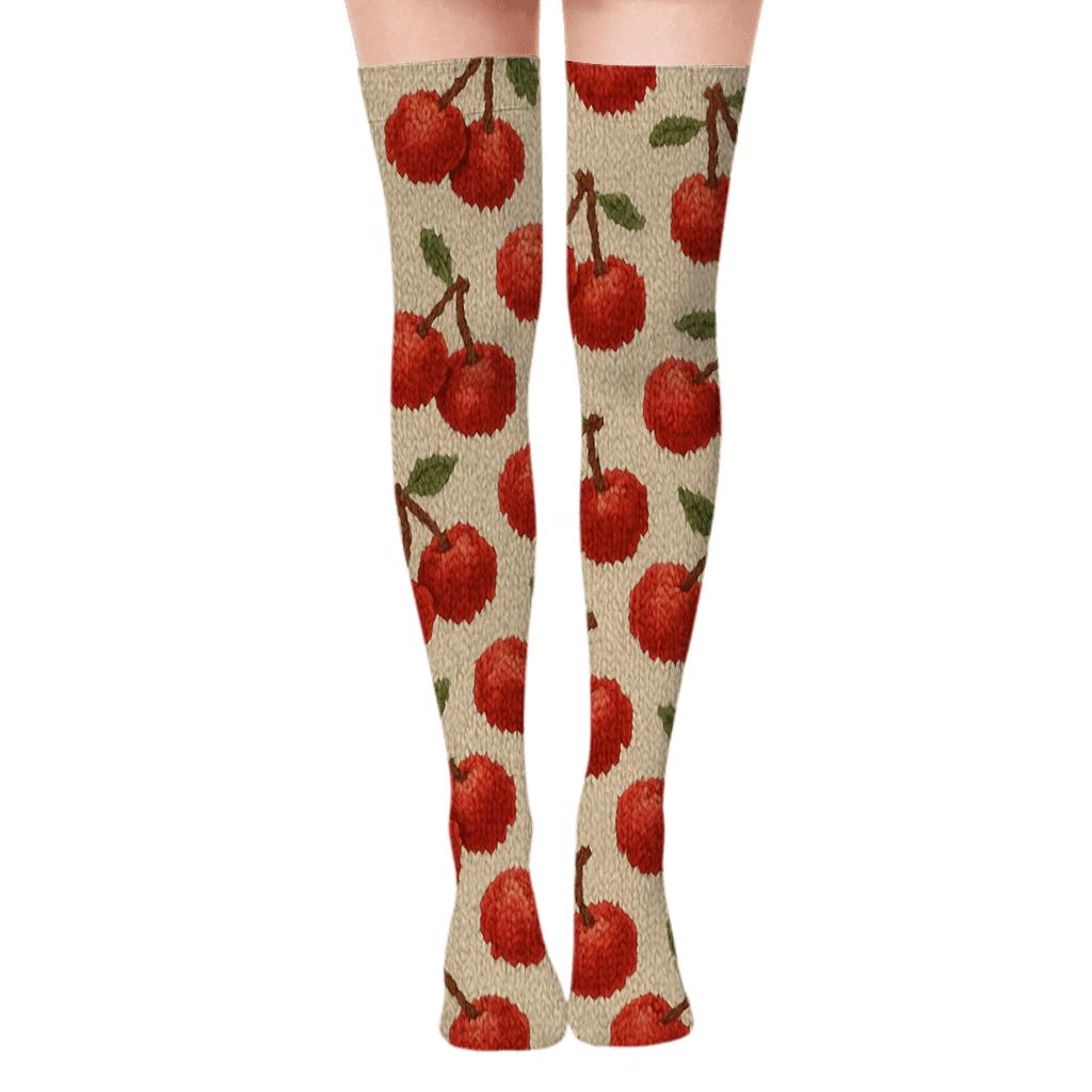 Textured Knitted Cherry Scatter On Cream soft everyday over-the-knee socks
