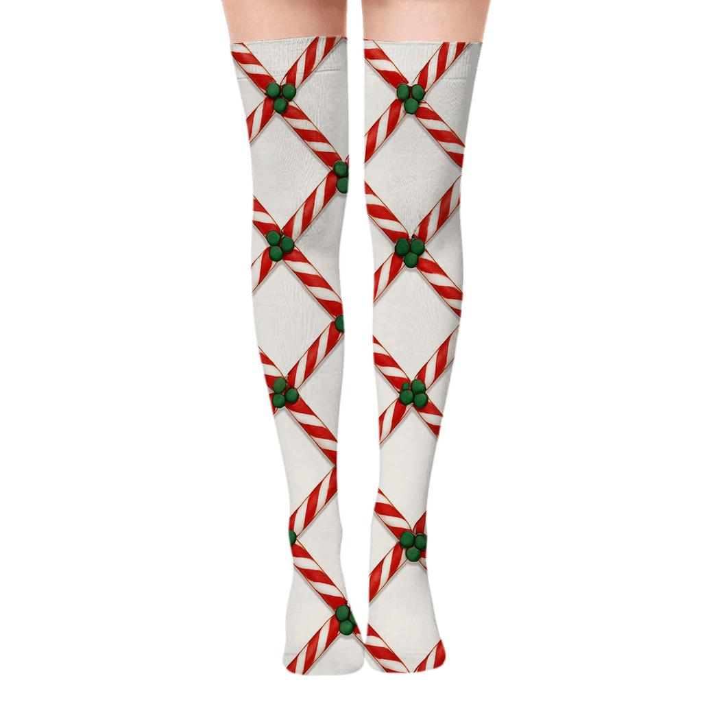 Candy Cane Lattice With Xmas Accents premium cozy over-the-knee socks