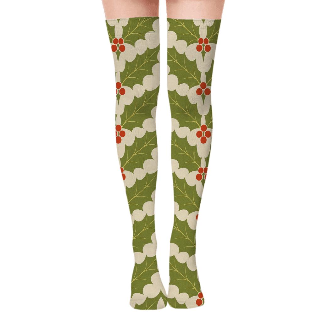 Holly Leaf Chevron With Christmas Accents premium cozy over-the-knee socks