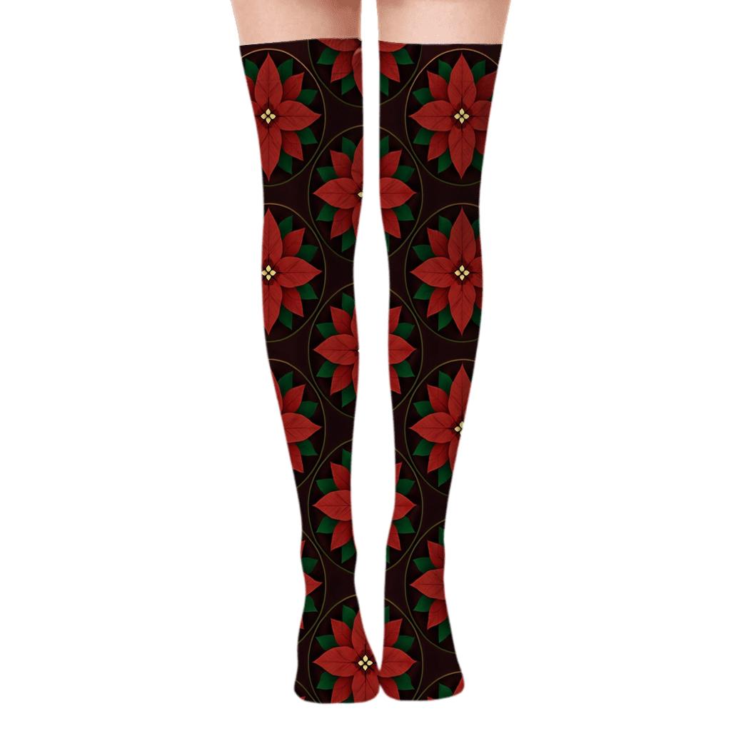 Poinsettia Radial Tile Holiday trendy patterned over-the-knee socks