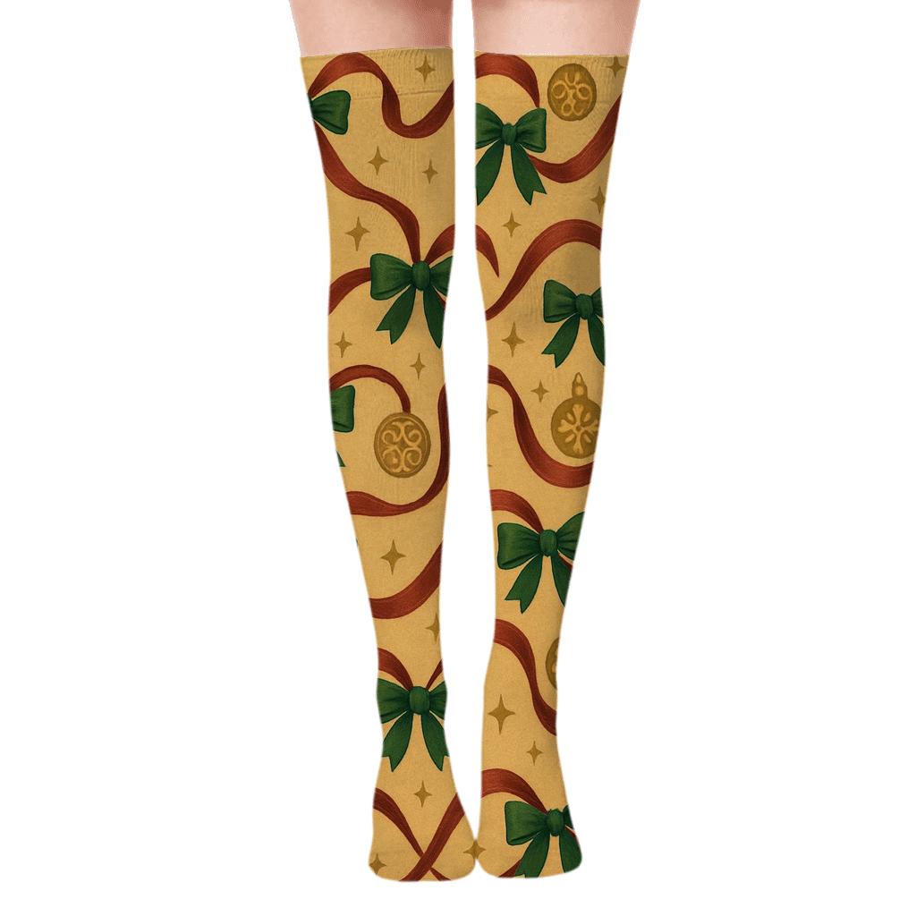 Festive Ribbon Swirl With Xmas Motifs comfortable cotton over-the-knee socks