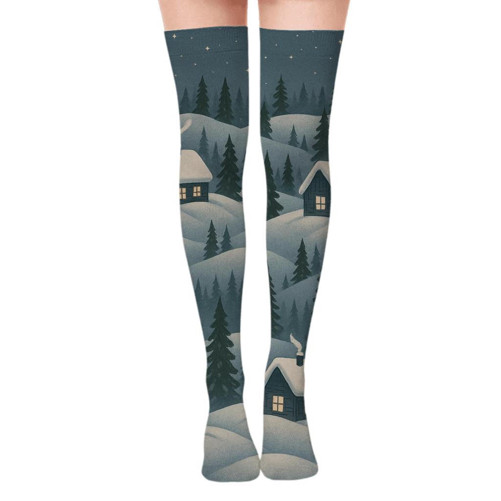 Winter Cabin Scene Panorama Holiday unique graphic over-the-knee socks