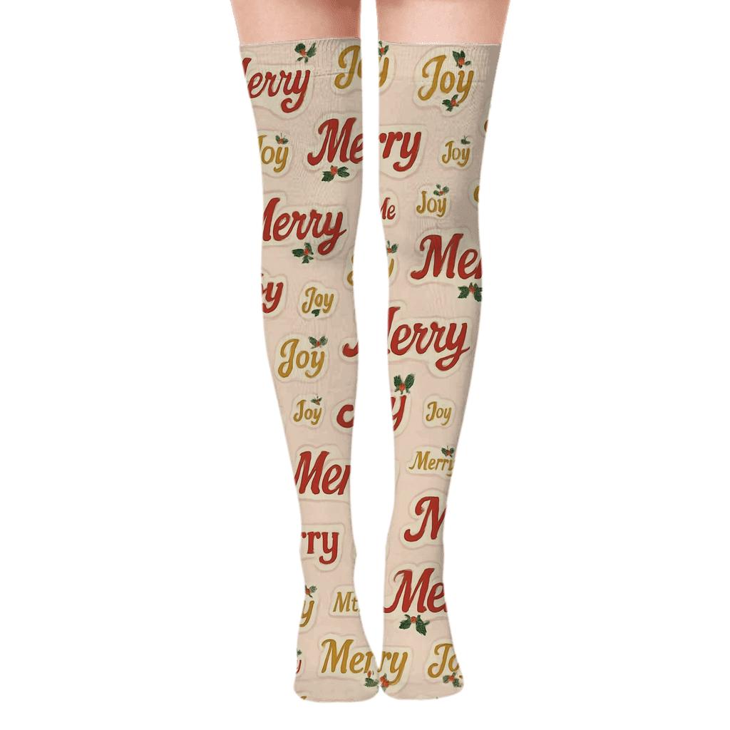 Merry Text Badge Scatter Holiday premium cozy over-the-knee socks
