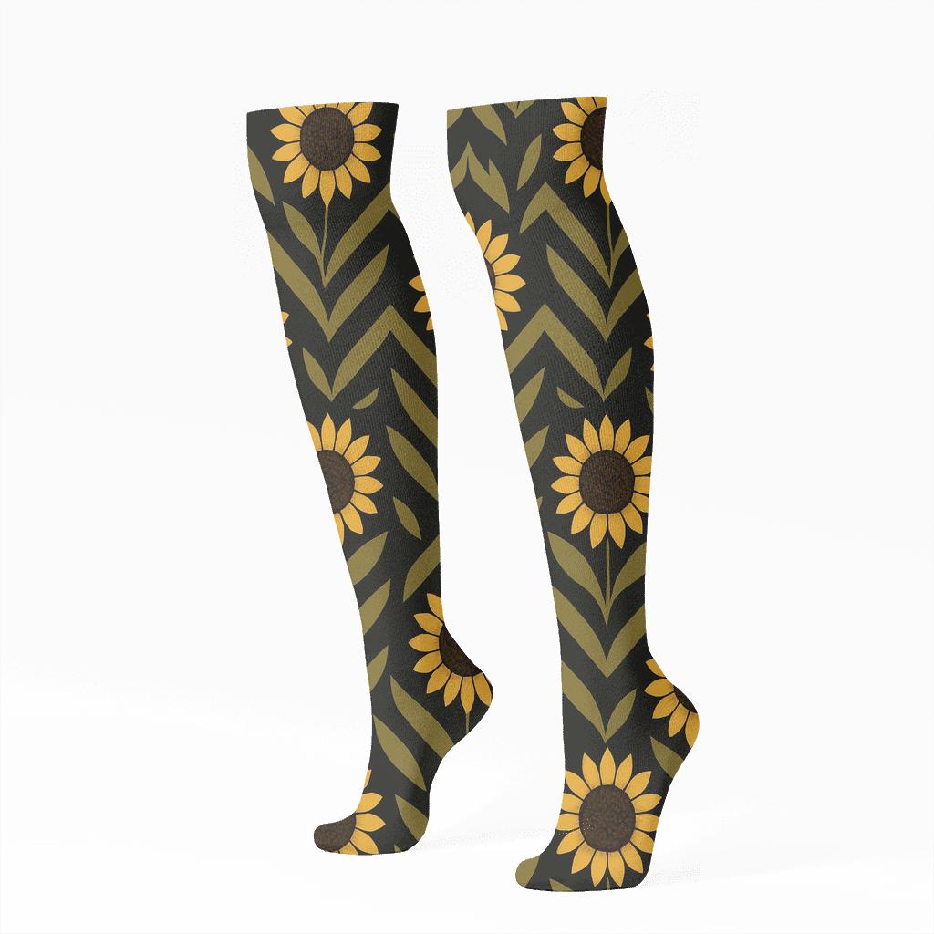 Sunflower Chevron On Black Background unique graphic knee-high socks