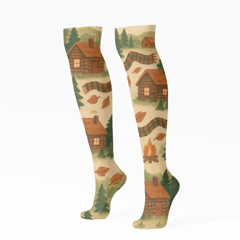 Cozy Cabin Wraparound Scene stylish athletic knee-high socks