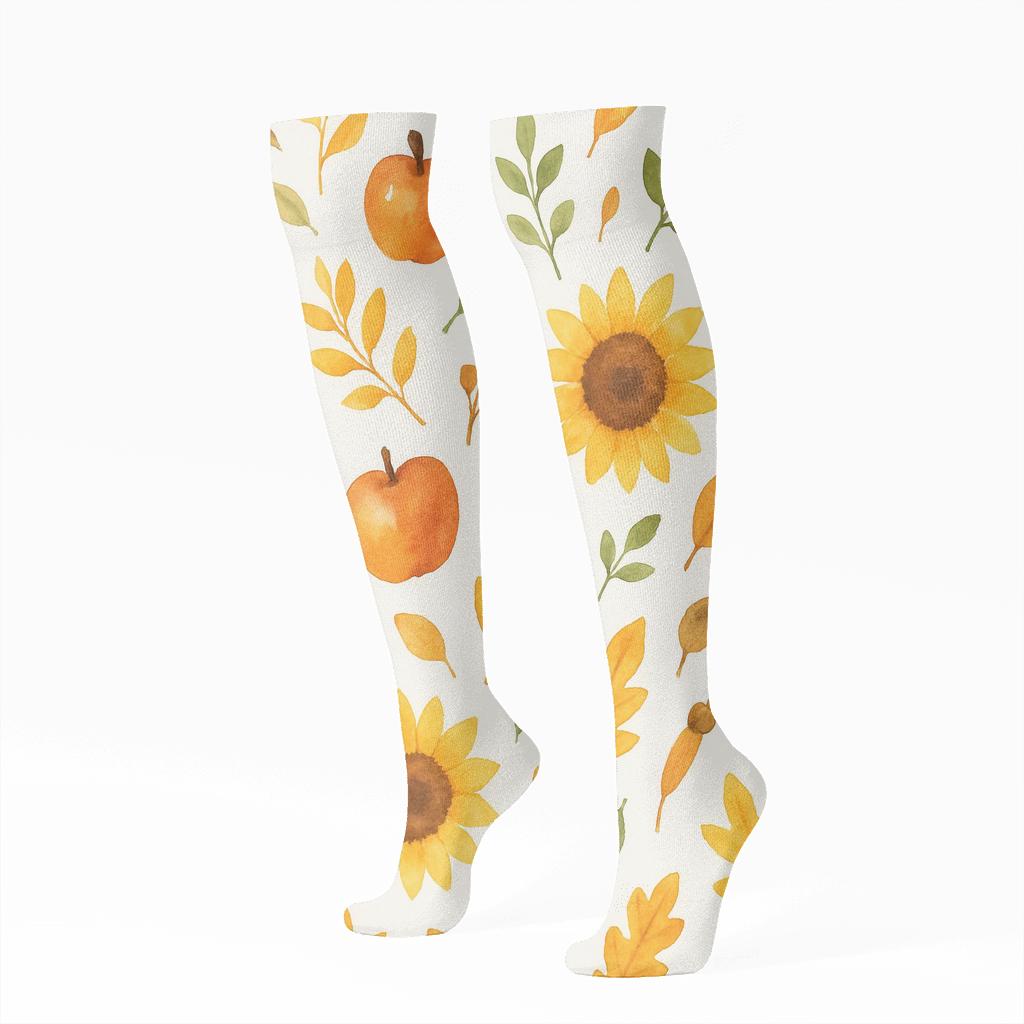 Sunflower And Apple Scatter designer print knee-high socks