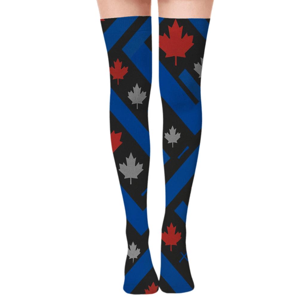 Diagonal Maple Leaf With Blue Jays Harmony designer print over-the-knee socks
