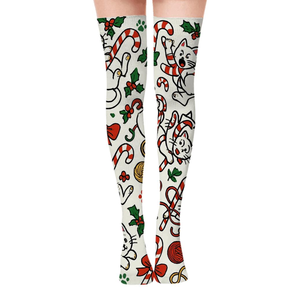 Candy Cane Cat Chaos On Snow White Field trendy patterned over-the-knee socks