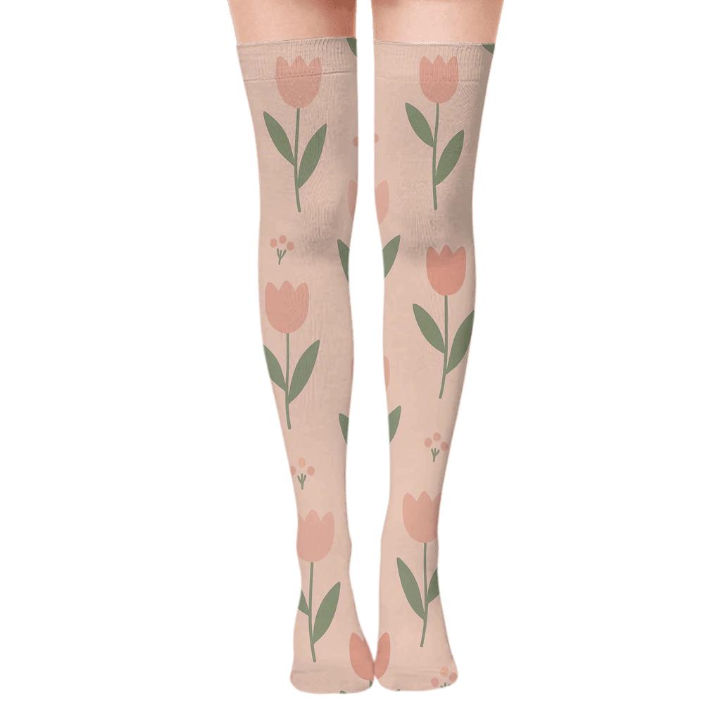 Minimal Tulip Scatter On Pastel Pink comfortable cotton over-the-knee socks