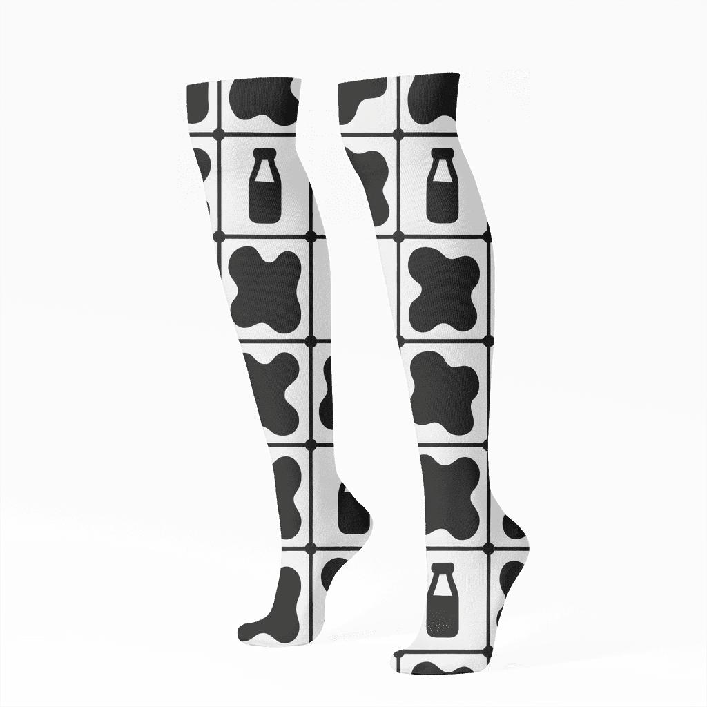 Monochrome Spot Grid With Tiny Milk Bottles premium sports knee-high socks