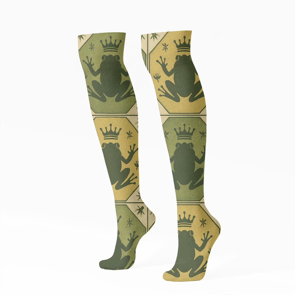Frog Crown Heraldic Grid designer print knee-high socks