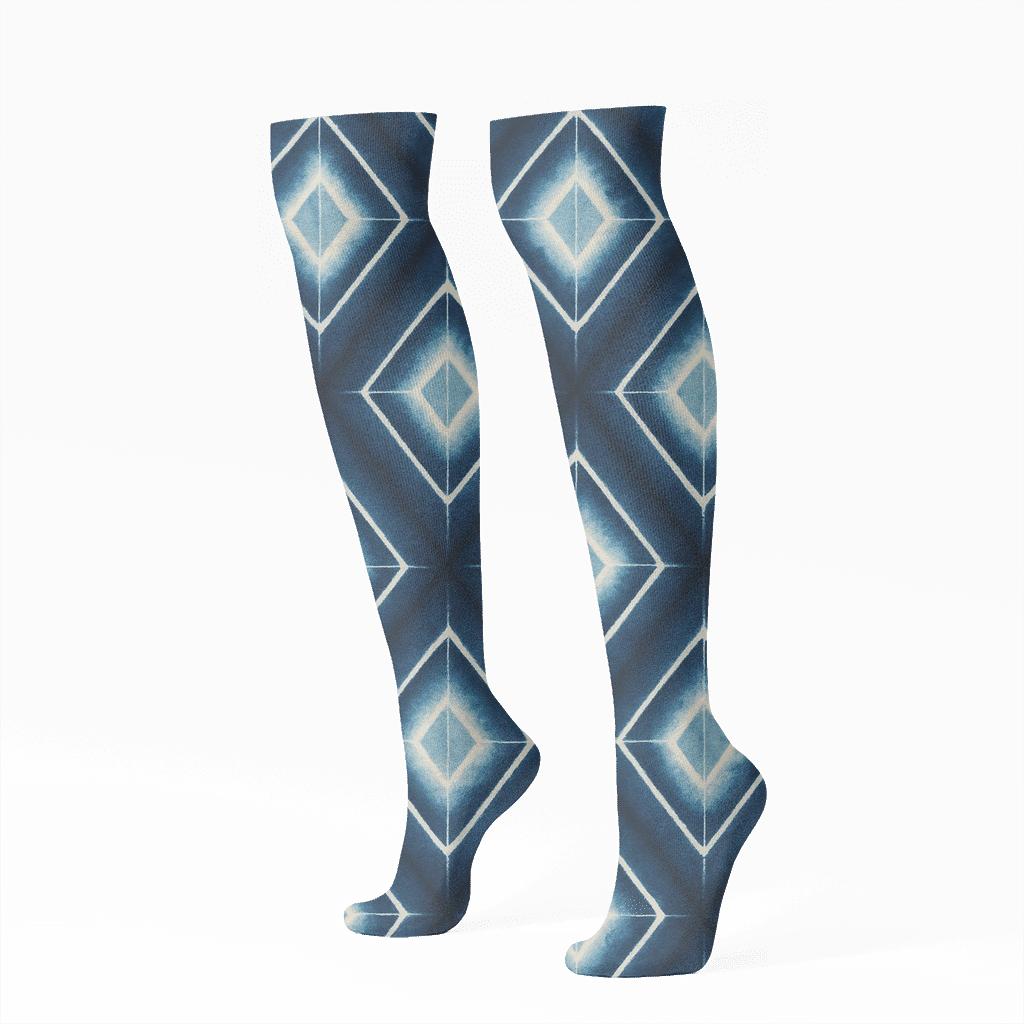 Shibori Diamond Array On Washed Indigo Field unique graphic knee-high socks