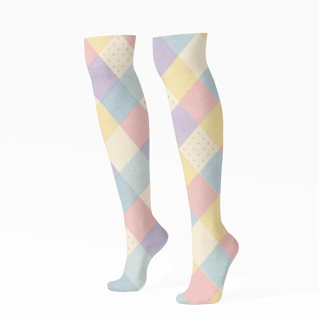 Pastel Gingham Micro Dot Grid premium sports knee-high socks