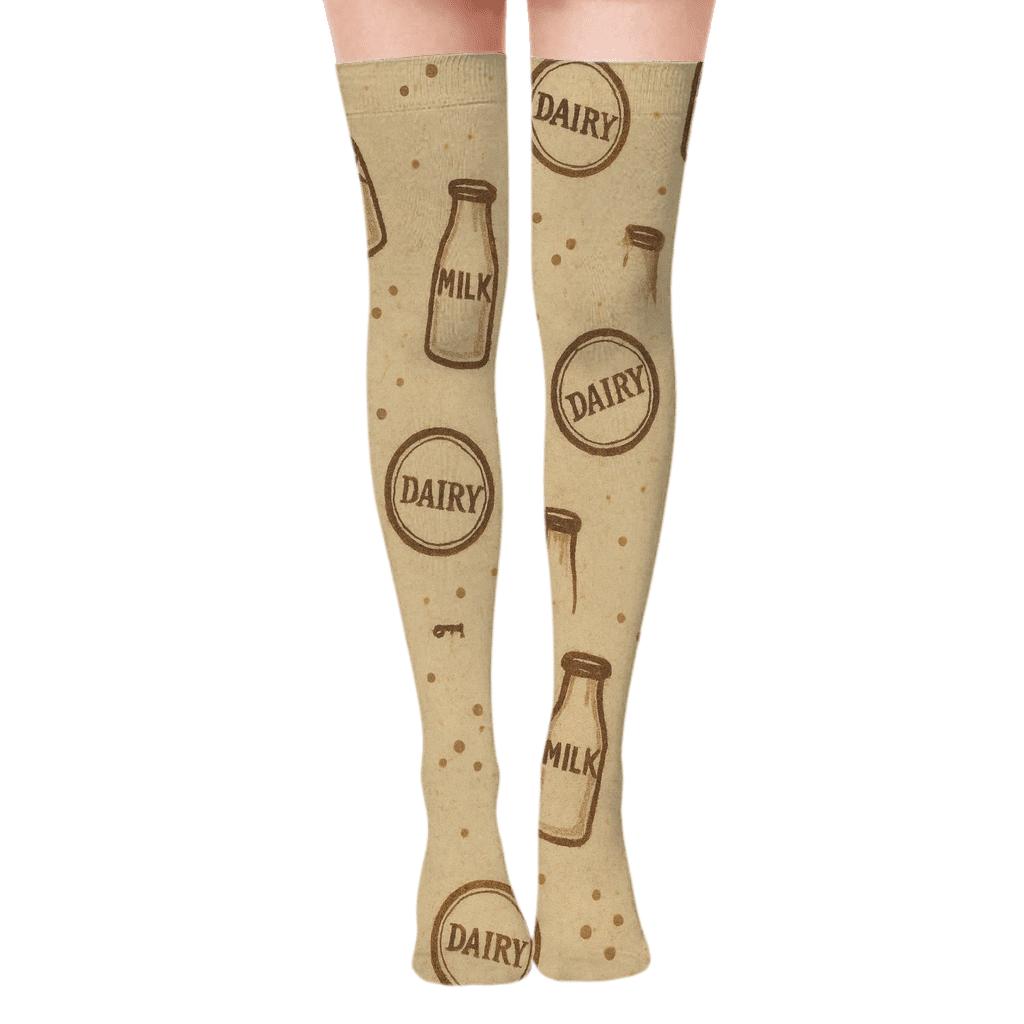 Retro Milk Bottle Scatter On Muted Sepia unique graphic over-the-knee socks