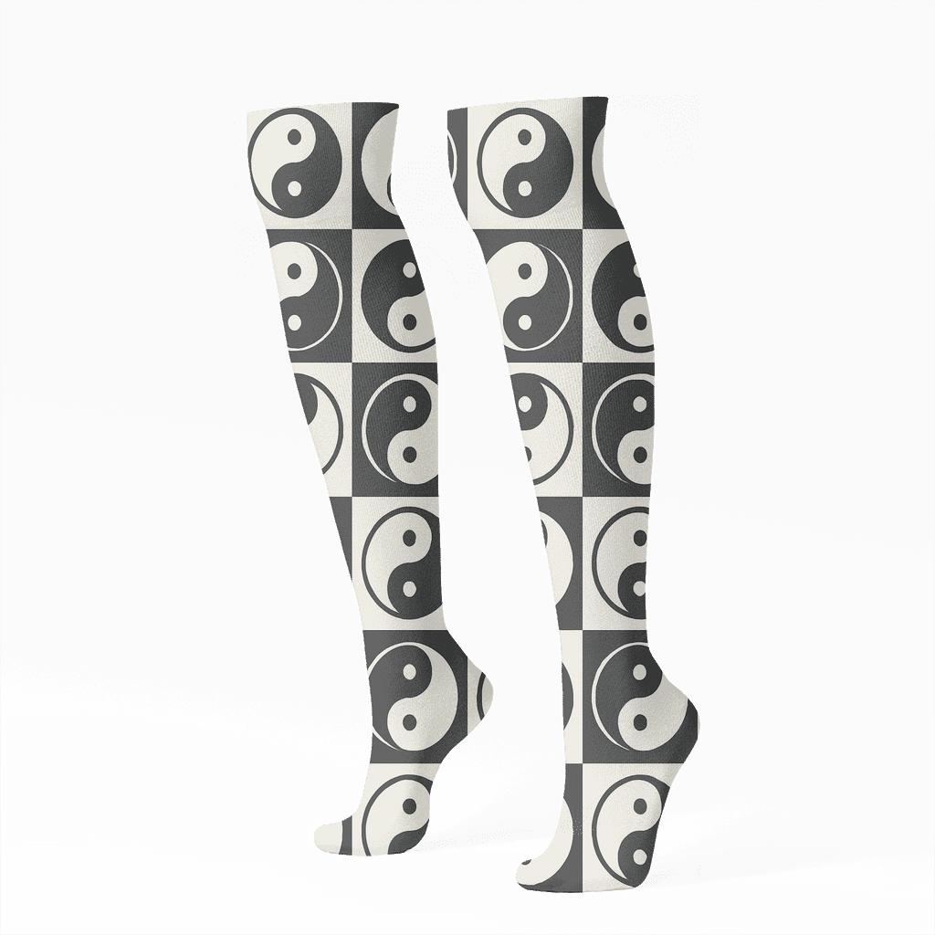 Monochrome Taijitu Grid designer print knee-high socks